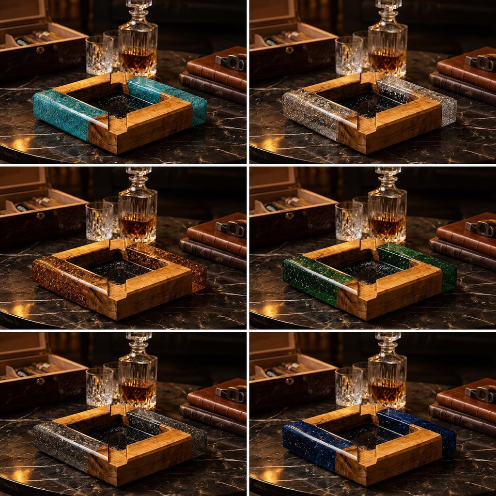 A collection of six square ashtrays, each featuring a combination of natural wood and colored resin. The resin sections are available in turquoise, silver, gold, green, grey, and blue, all containing embedded glitter particles.