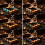 A collection of six square ashtrays, each featuring a combination of natural wood and colored resin. The resin sections are available in turquoise, silver, gold, green, grey, and blue, all containing embedded glitter particles.