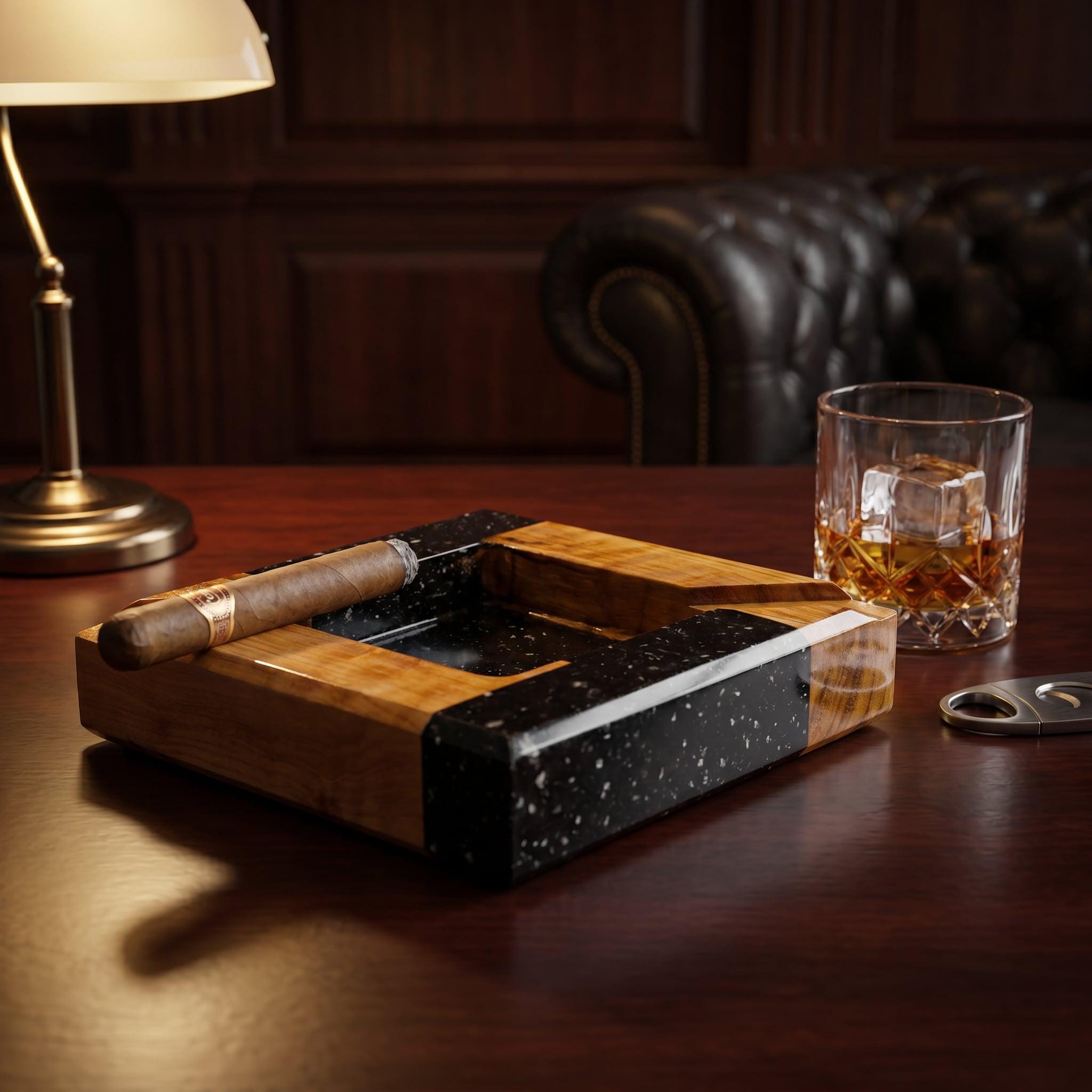 A square cigar ashtray constructed from a combination of natural light-toned wood and black resin with white flecks. A brown cigar rests across one edge of the ashtray, which features a central recessed basin for ash collection.