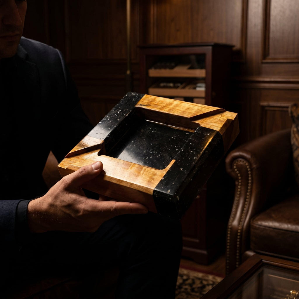 A square ashtray featuring a combination of natural light-colored wood with a wavy grain pattern and smooth, glossy black resin. The center basin is deep and black, while the corners are accented with dark, speckled resin inserts.