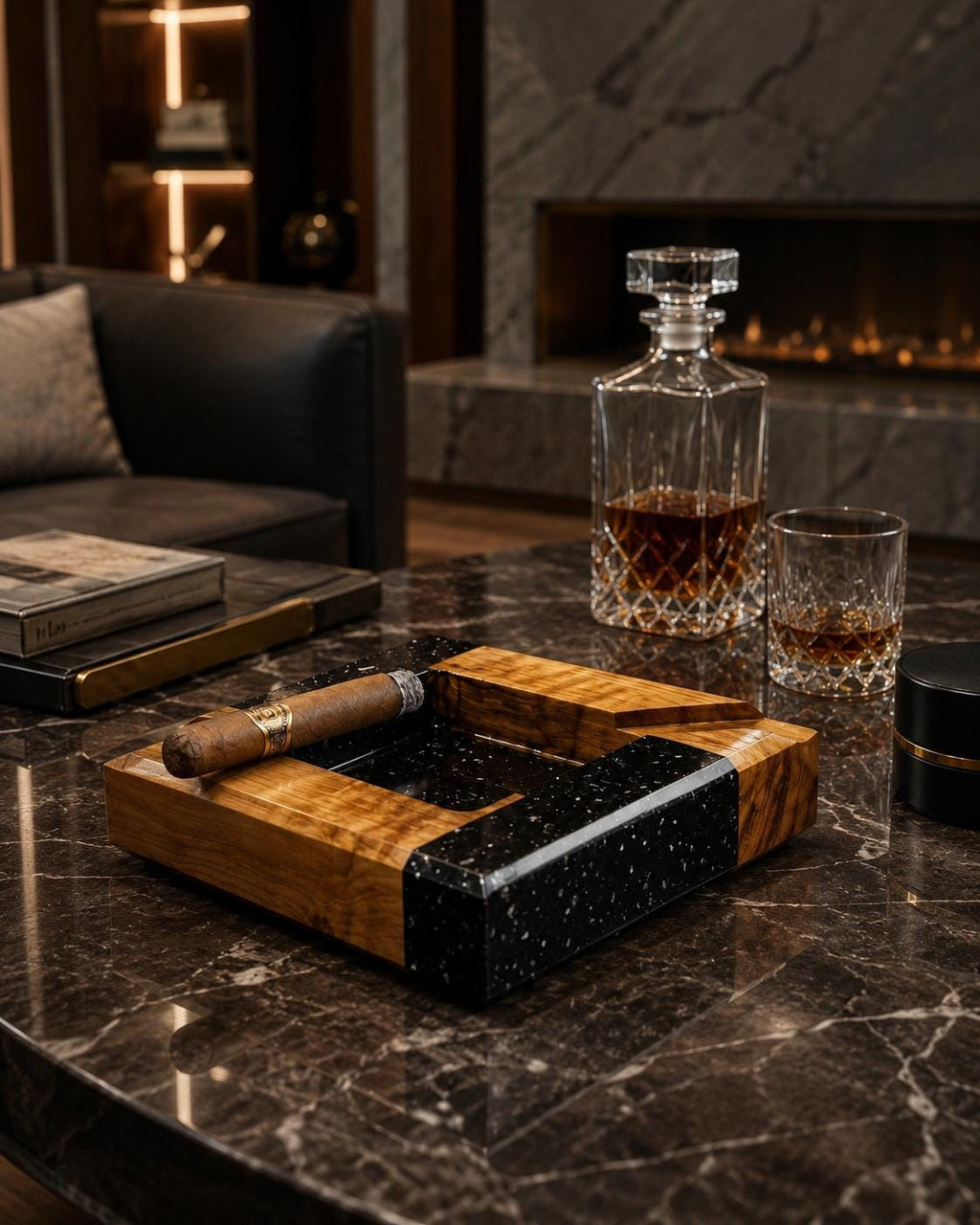 A square ashtray constructed from a combination of polished light brown wood with a prominent grain and a solid black material featuring white speckles. A single brown cigar with a gold band rests across the ashtray rim.