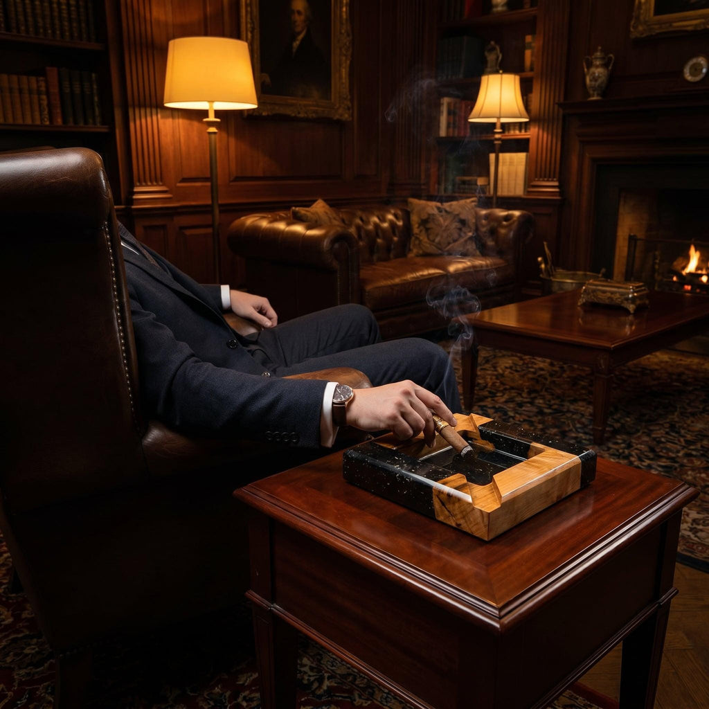 A square cigar ashtray crafted from a combination of natural light-toned wood and black resin with a polished finish. The ashtray features four wide grooves for resting cigars and is positioned on a dark wooden side table.