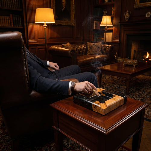 A square cigar ashtray crafted from a combination of natural light-toned wood and black resin with a polished finish. The ashtray features four wide grooves for resting cigars and is positioned on a dark wooden side table.