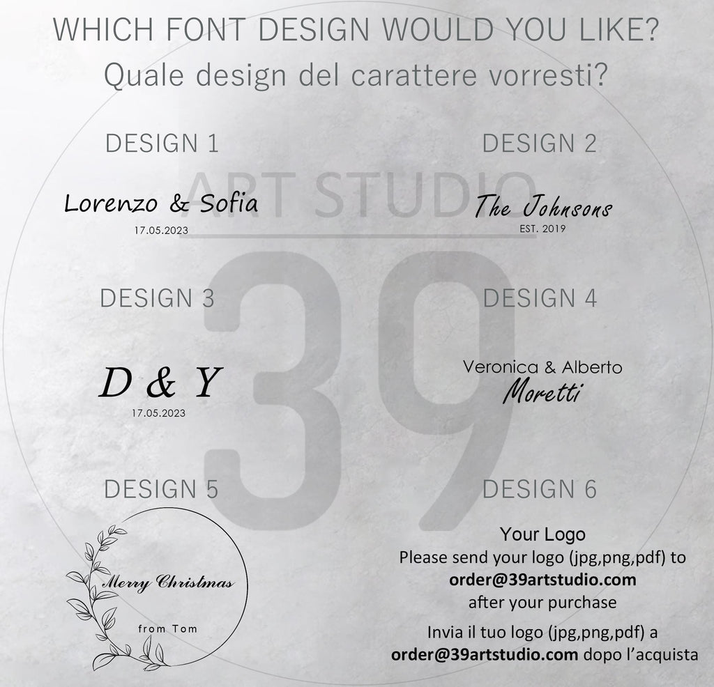 A font selection guide featuring six distinct design options labeled Design 1 through 6. The text includes examples like Lorenzo &amp; Sofia, The Johnsons, D &amp; Y, Veronica &amp; Alberto Moretti, and a Merry Christmas from Tom circular logo.