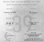 A font selection guide featuring six distinct design options labeled Design 1 through 6. The text includes examples like Lorenzo &amp; Sofia, The Johnsons, D &amp; Y, Veronica &amp; Alberto Moretti, and a Merry Christmas from Tom circular logo.
