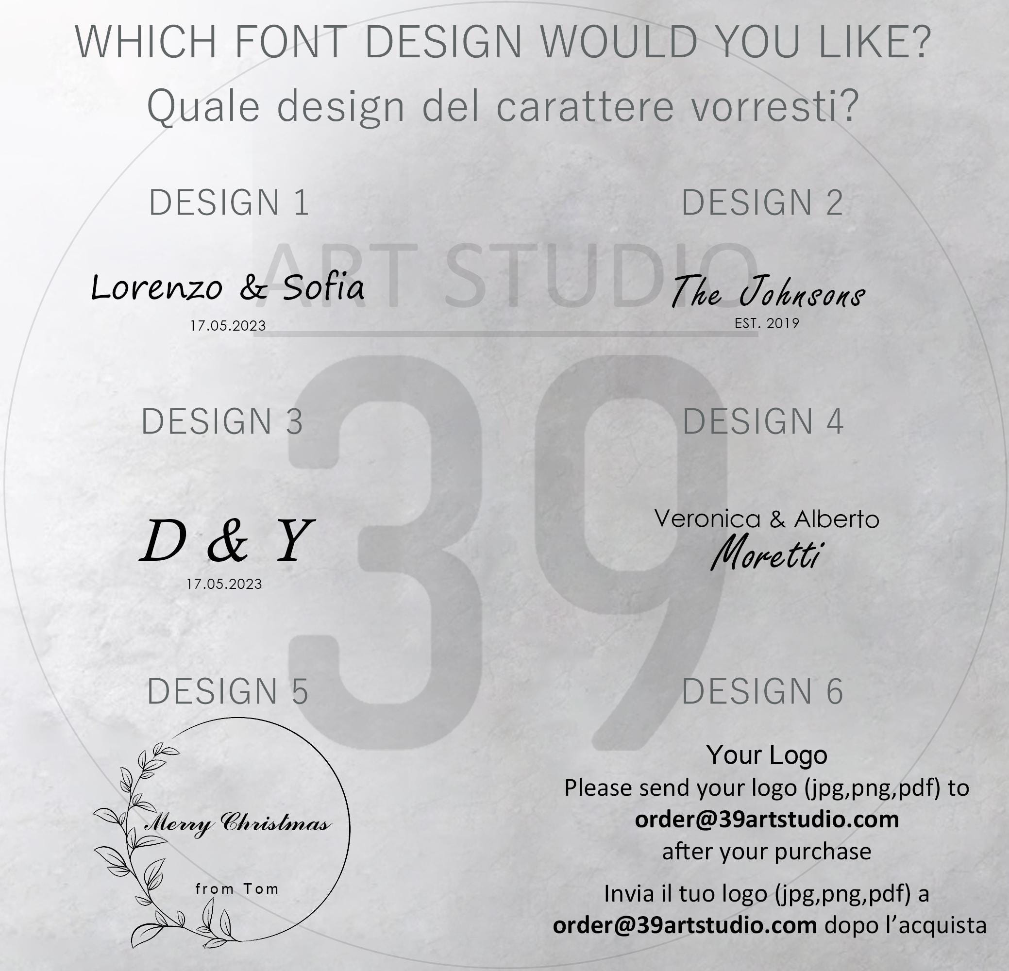 A font selection guide featuring six distinct design options labeled Design 1 through 6. The text includes examples like Lorenzo &amp; Sofia, The Johnsons, D &amp; Y, Veronica &amp; Alberto Moretti, and a Merry Christmas from Tom circular logo.