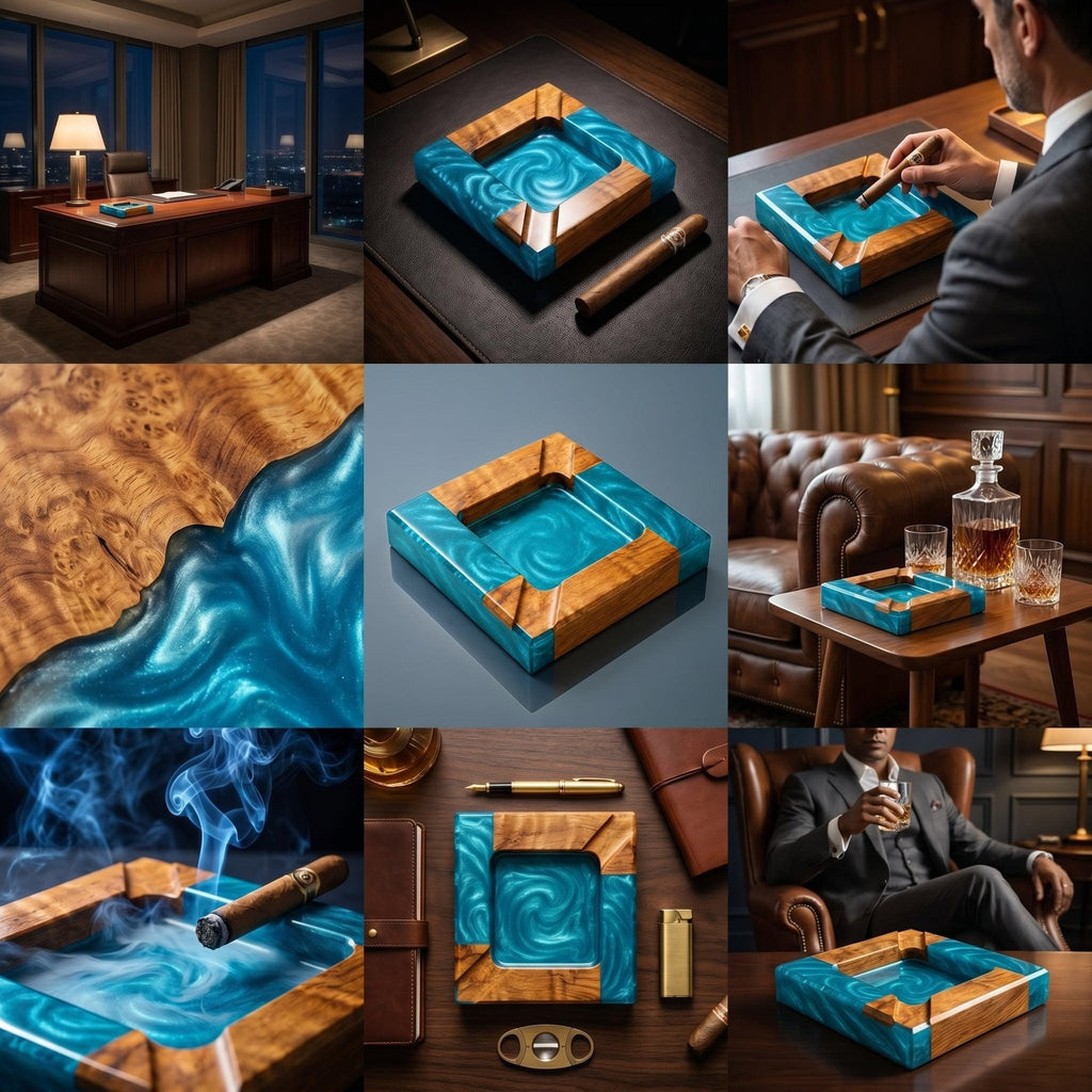 A square ashtray featuring a combination of natural wood grain and a swirling, metallic turquoise resin center. The design includes four integrated notches for resting cigars, showcasing a contrast between the organic wood and the smooth, glossy blue resin finish.