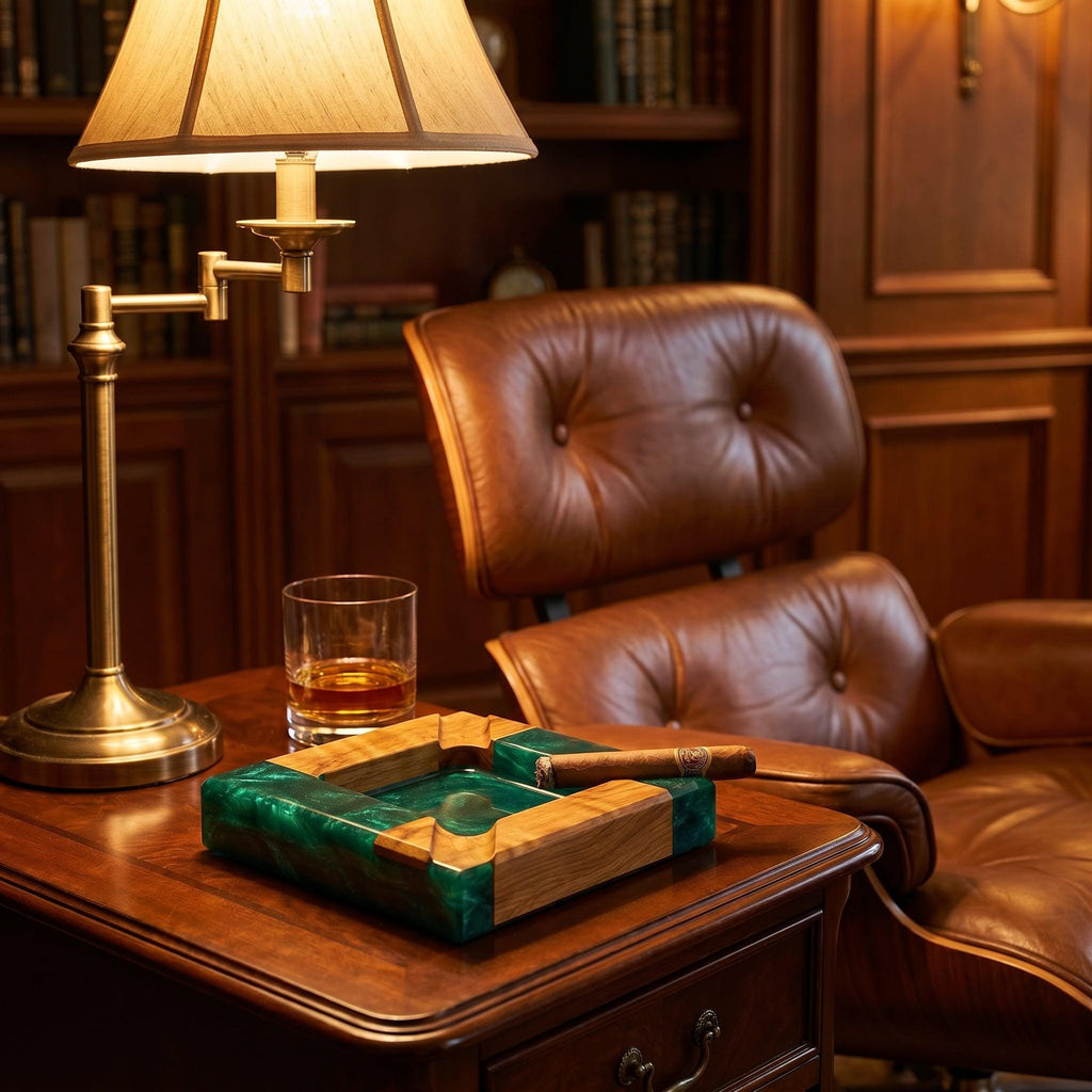 A square ashtray crafted from light-toned wood and translucent emerald green resin, featuring a single cigar resting across the top. The ashtray sits on a wooden surface next to a glass tumbler containing an amber-colored liquid.