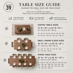 A table size guide infographic from Art Studio 39 featuring three numbered categories: coffee tables, small dining and desk tables, and dining tables. It lists dimensions in inches and centimeters for various table configurations.
