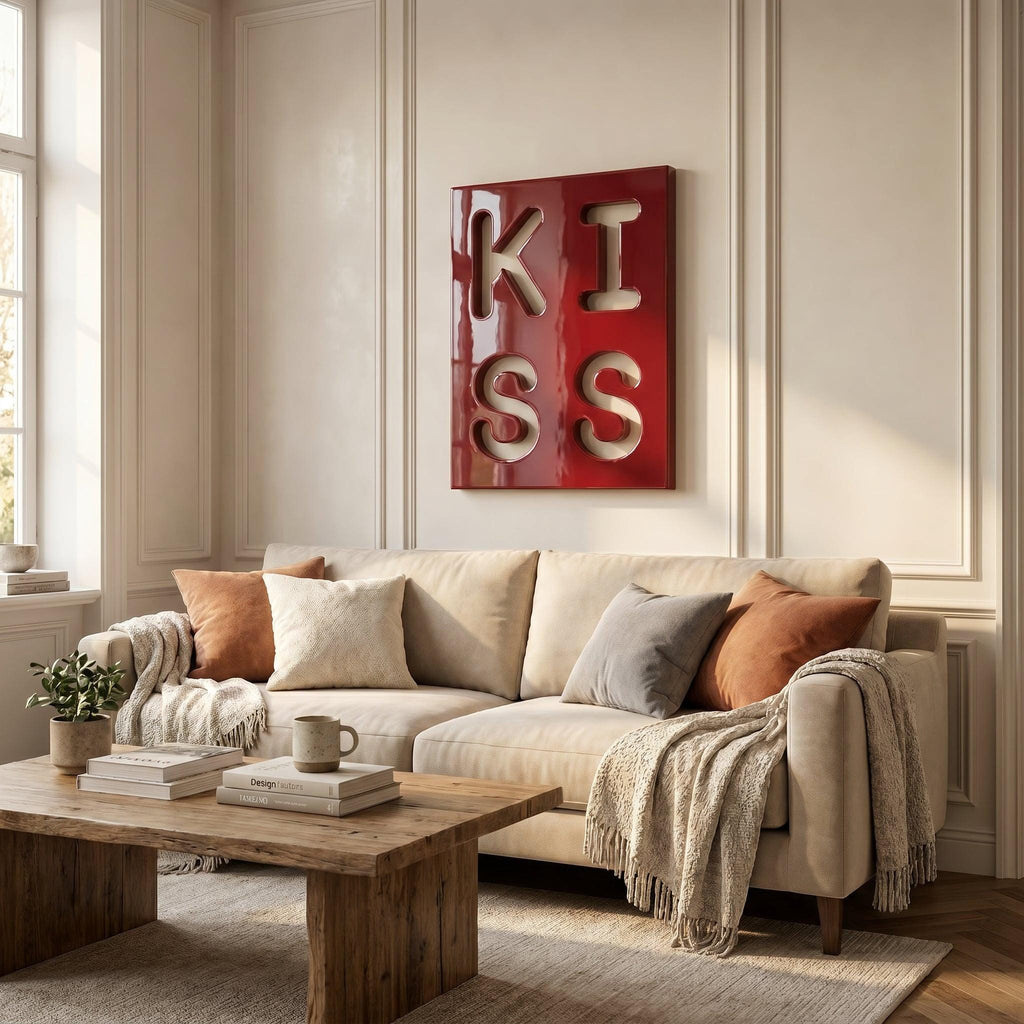A rectangular wall art piece featuring a glossy red surface with the word KISS cut out in a bold, block-letter style. The letters are arranged in a two-by-two grid, revealing a light-colored background through the cutouts.