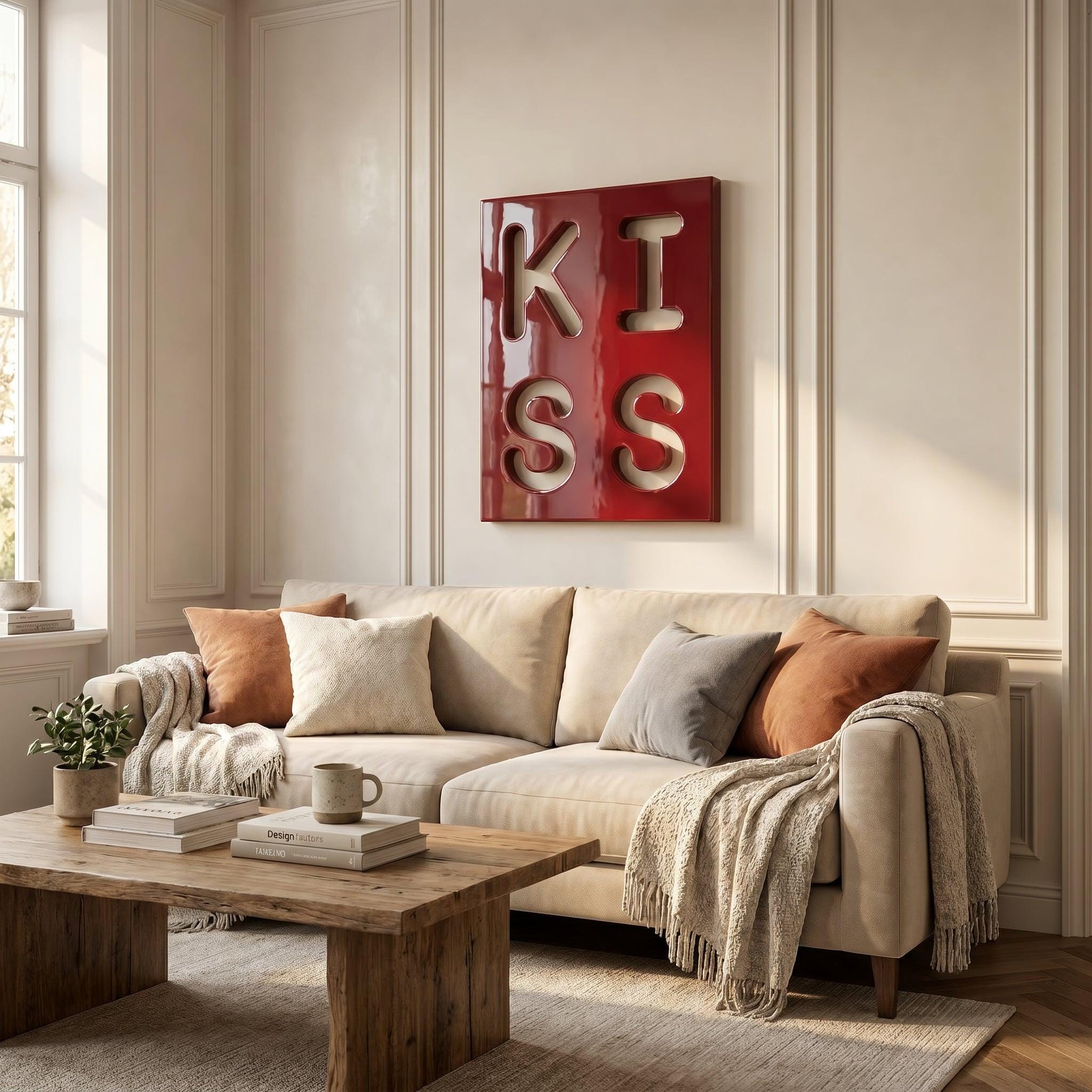 A rectangular wall art piece featuring a glossy red surface with the word KISS cut out in a bold, block-letter style. The letters are arranged in a two-by-two grid, revealing a light-colored background through the cutouts.