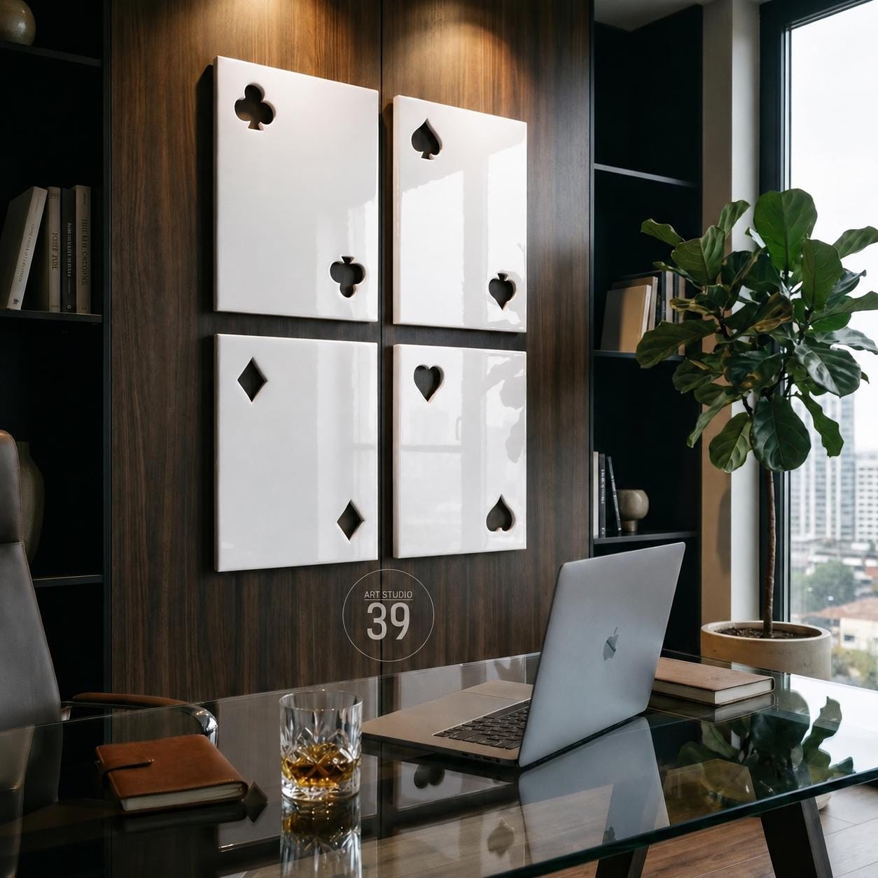 Four rectangular white wall panels featuring cut-out playing card suit symbols including clubs, spades, diamonds, and hearts. The panels are mounted on a dark wood-paneled wall above a glass desk with a laptop and a glass of amber liquid.