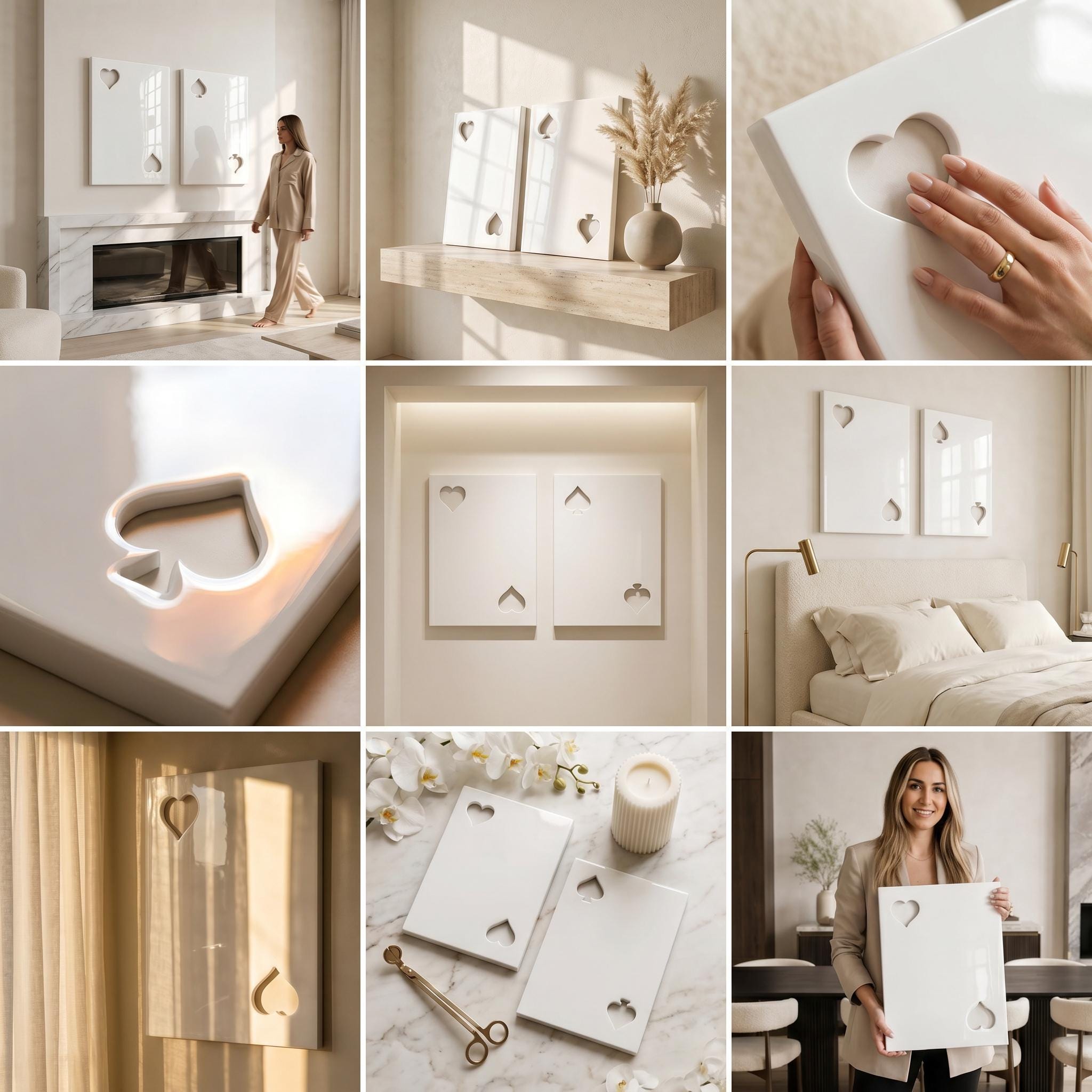 May include: A set of two rectangular white wall art panels featuring cut-out shapes resembling playing card suits, specifically hearts and spades. The smooth, glossy surfaces are minimalist in design, with one panel displaying a heart and spade, and the other showing a heart and spade in different positions.