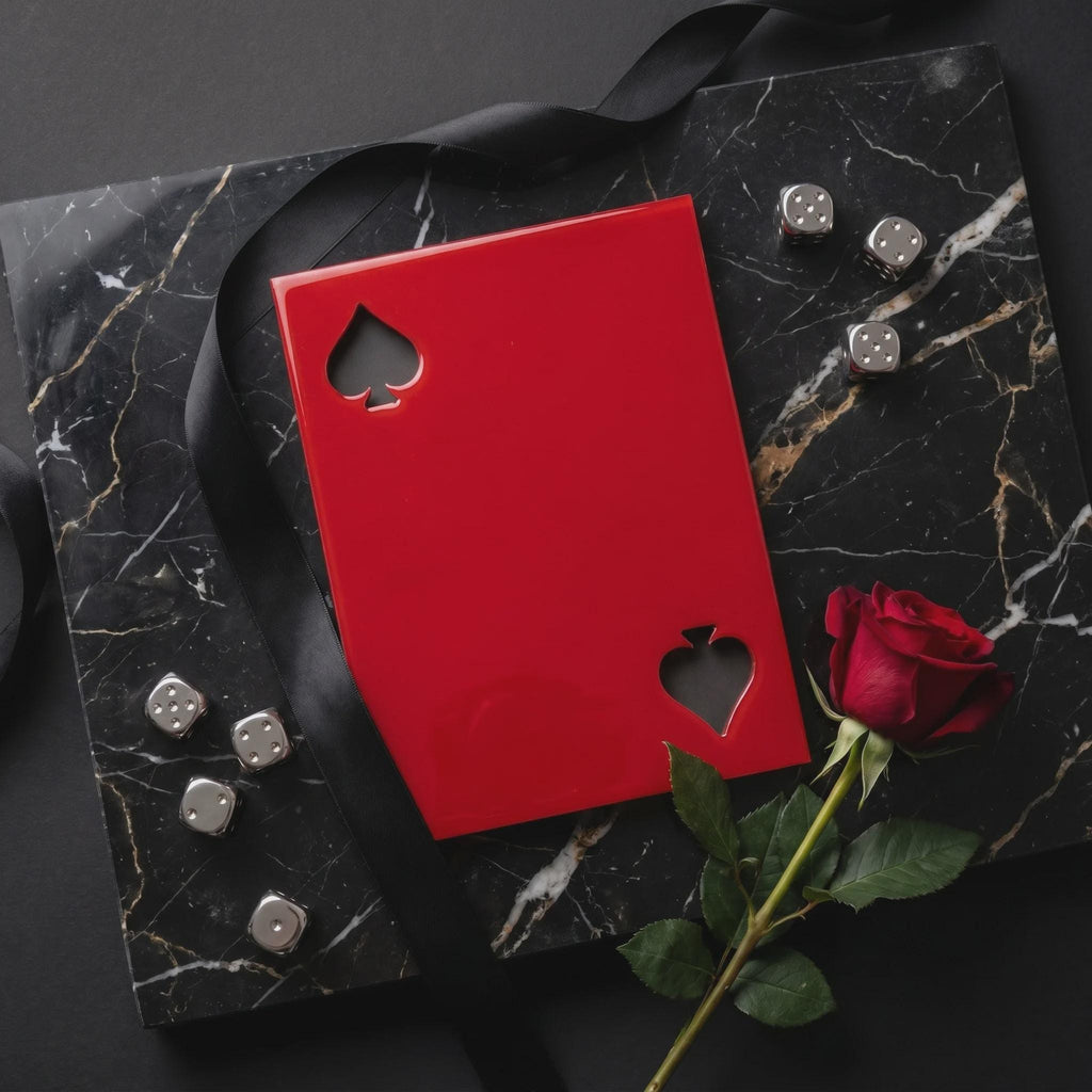 A glossy red rectangular card with two spade cutouts, accompanied by five silver dice and a single red rose. The items are arranged on a black marble surface with a black ribbon draped across the scene.