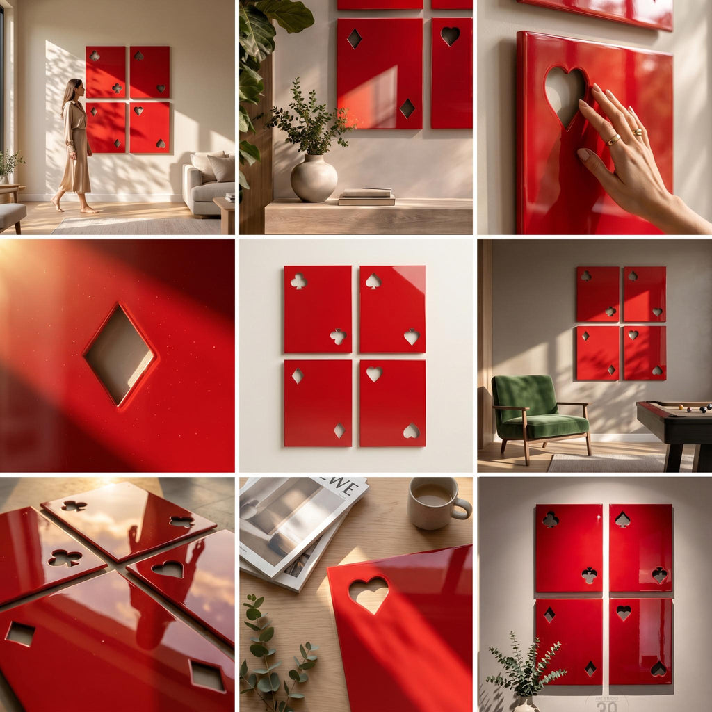 A set of four glossy red wall panels, each featuring a distinct cutout shape representing playing card suits including hearts, diamonds, clubs, and spades. These rectangular panels are arranged in a grid pattern on a wall.