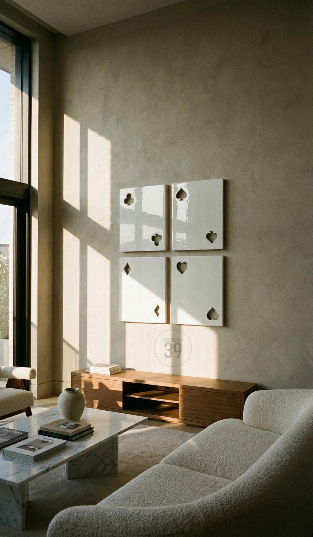 A set of four rectangular white wall panels arranged in a grid, each featuring a cutout shape representing a playing card suit: club, spade, diamond, and heart. The panels have a glossy finish and are mounted on a neutral wall.