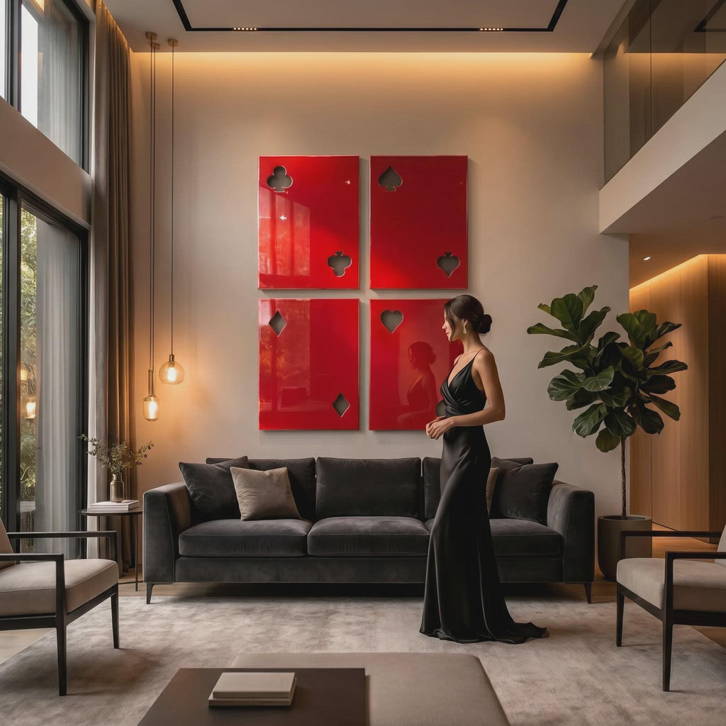 A living room featuring a dark gray velvet sofa, two armchairs, and four large red wall art panels depicting playing card suits. A person in a black floor-length dress stands in the room. Pendant lights hang near floor-to-ceiling windows.