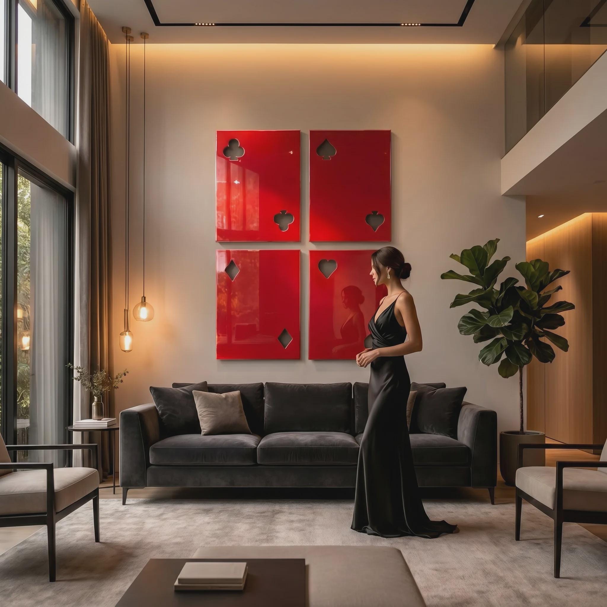 A living room featuring a dark gray velvet sofa, two armchairs, and four large red wall art panels depicting playing card suits. A person in a black floor-length dress stands in the room. Pendant lights hang near floor-to-ceiling windows.