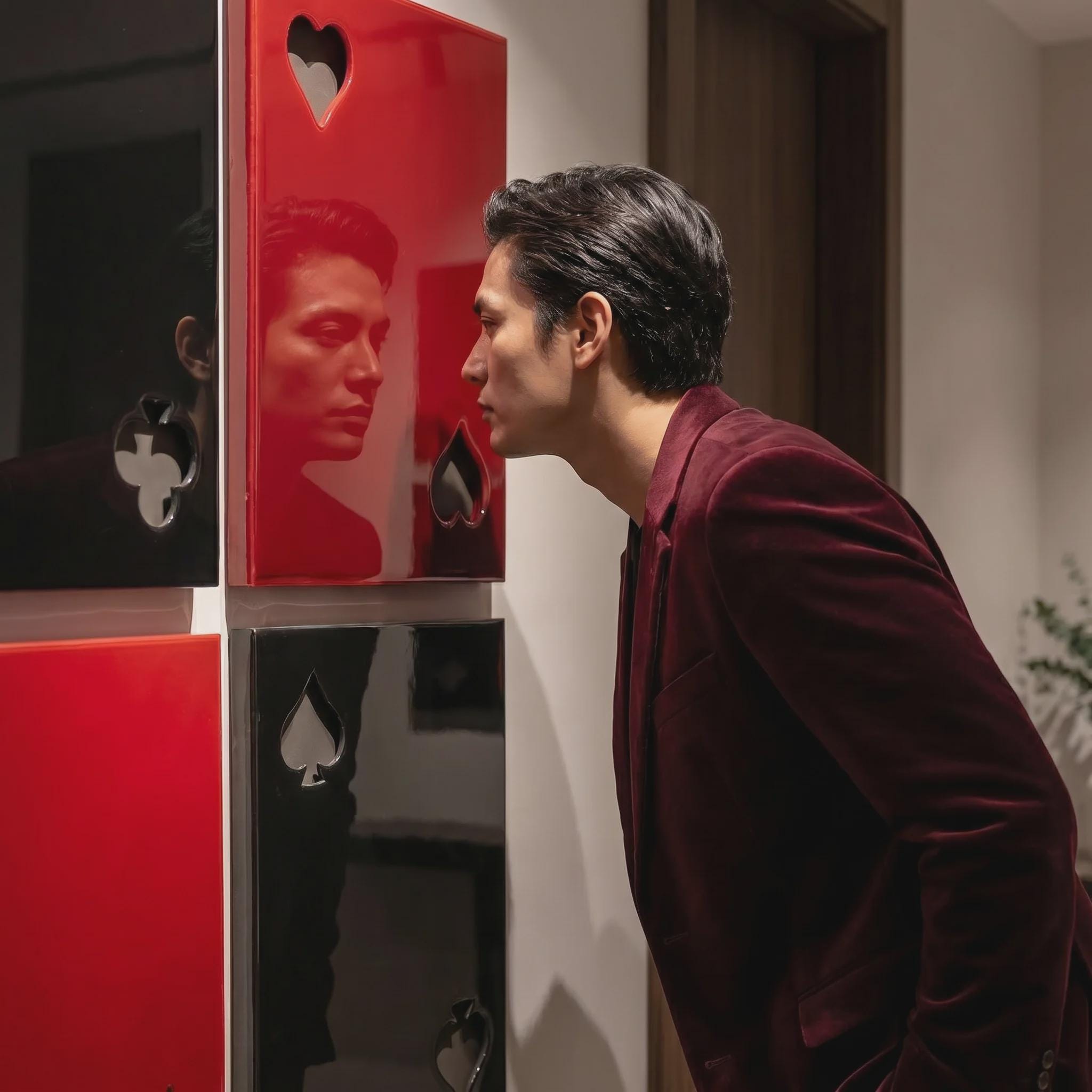 A person wearing a dark red velvet blazer stands before a wall display of four large, glossy rectangular panels. The panels are arranged in a grid, alternating between red and black, each featuring a cutout of a playing card suit.