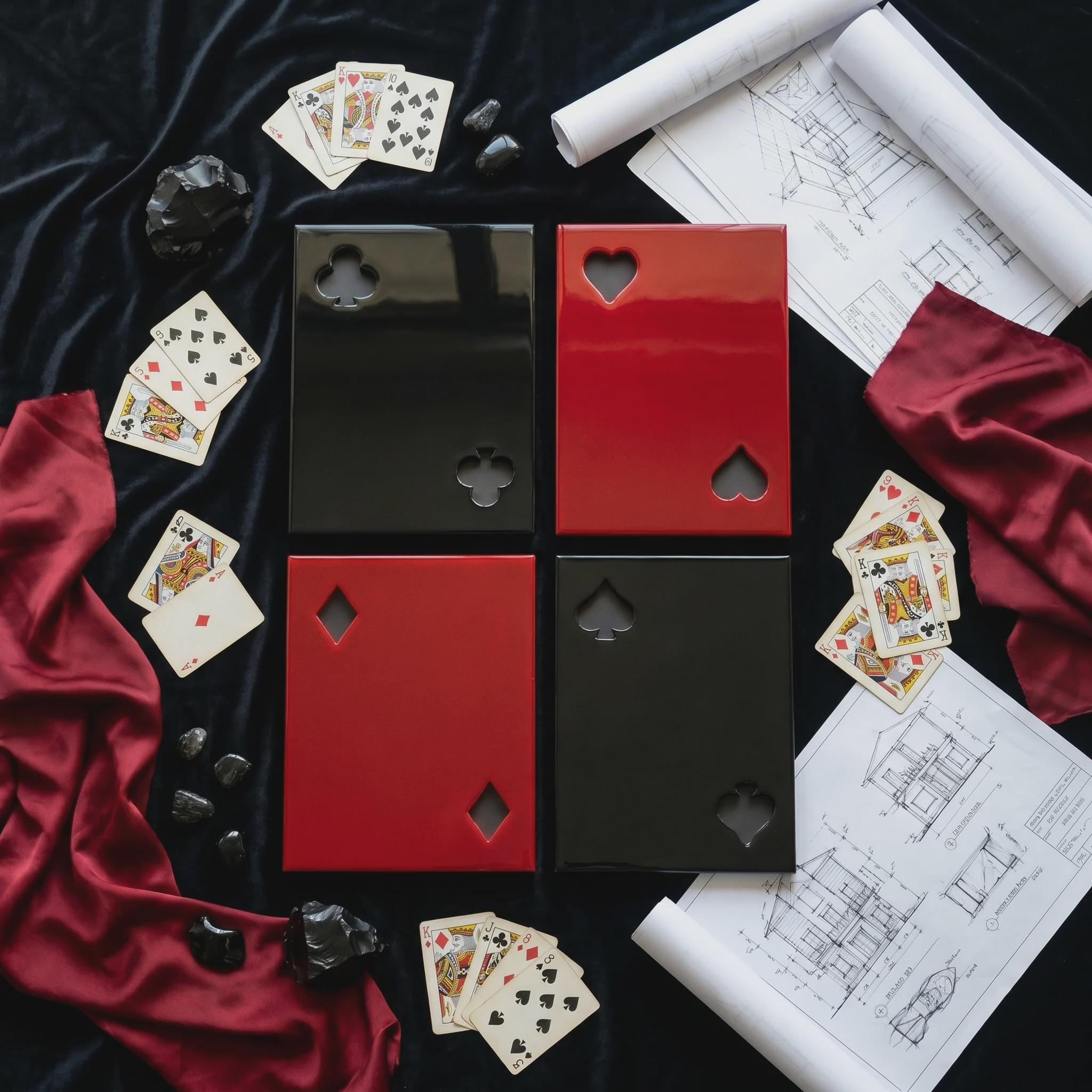 Red and Black Playing Card Wall Art Set of 4, Heart Club Spade Diamond, Poker Room Decor, Modern Sculptural Wall Art