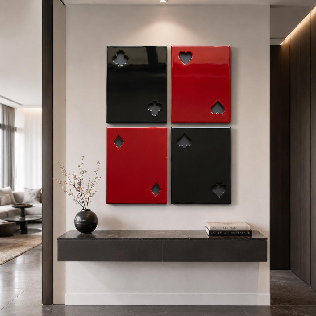 Red and Black Playing Card Wall Art Set of 4, Heart Club Spade Diamond, Poker Room Decor, Modern Sculptural Wall Art