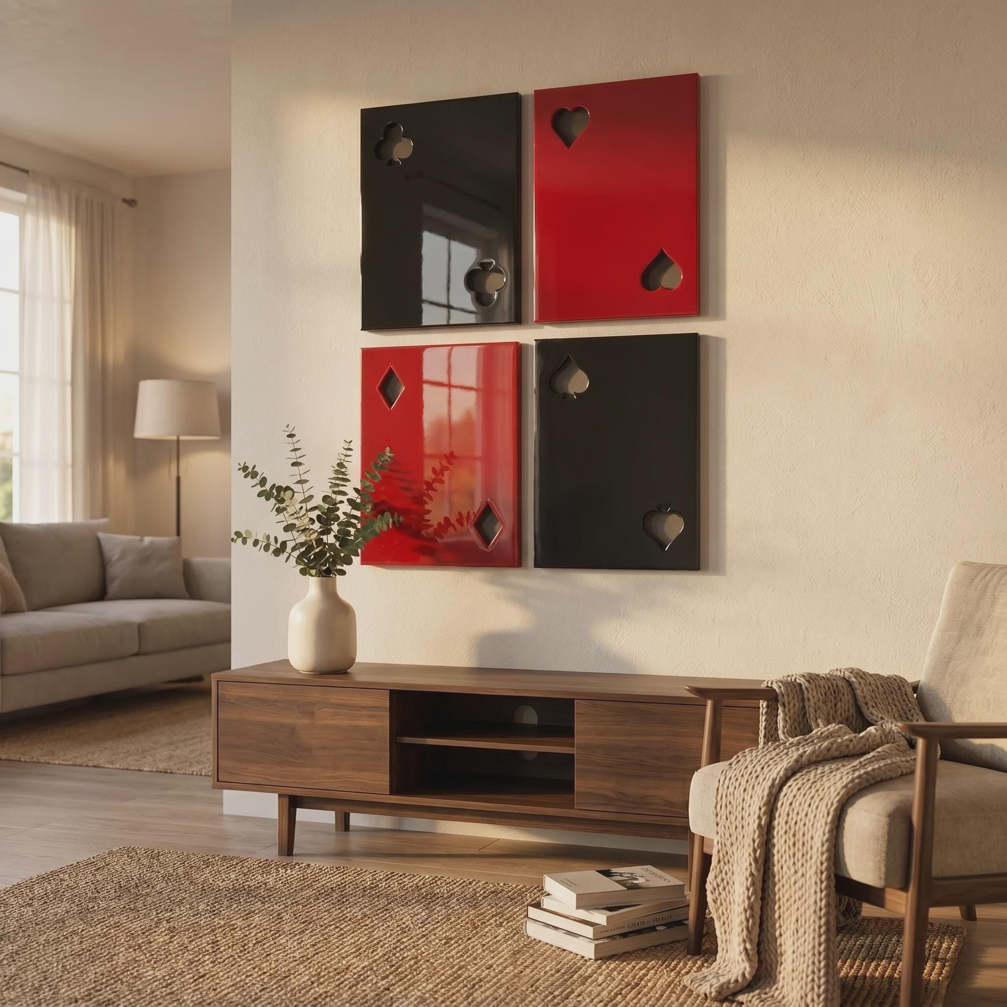 Four rectangular wall art panels arranged in a grid, featuring glossy black and red surfaces with cut-out playing card suit symbols including clubs, hearts, diamonds, and spades, mounted on a light-colored wall above a wooden media console.