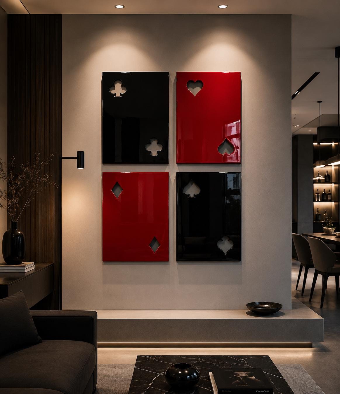 Four rectangular wall panels arranged in a grid, featuring glossy surfaces in black and red. Each panel displays two cut-out shapes representing playing card suits: clubs, hearts, diamonds, and spades, with a smooth, reflective finish.