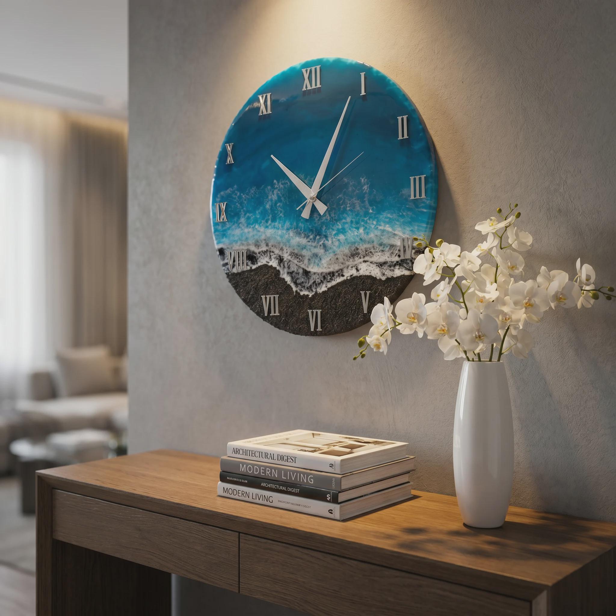 A round wall clock featuring a resin art design that mimics an ocean shoreline with shades of blue, white sea foam, and a dark sand-colored base. The clock face displays silver Roman numerals and thin white clock hands.
