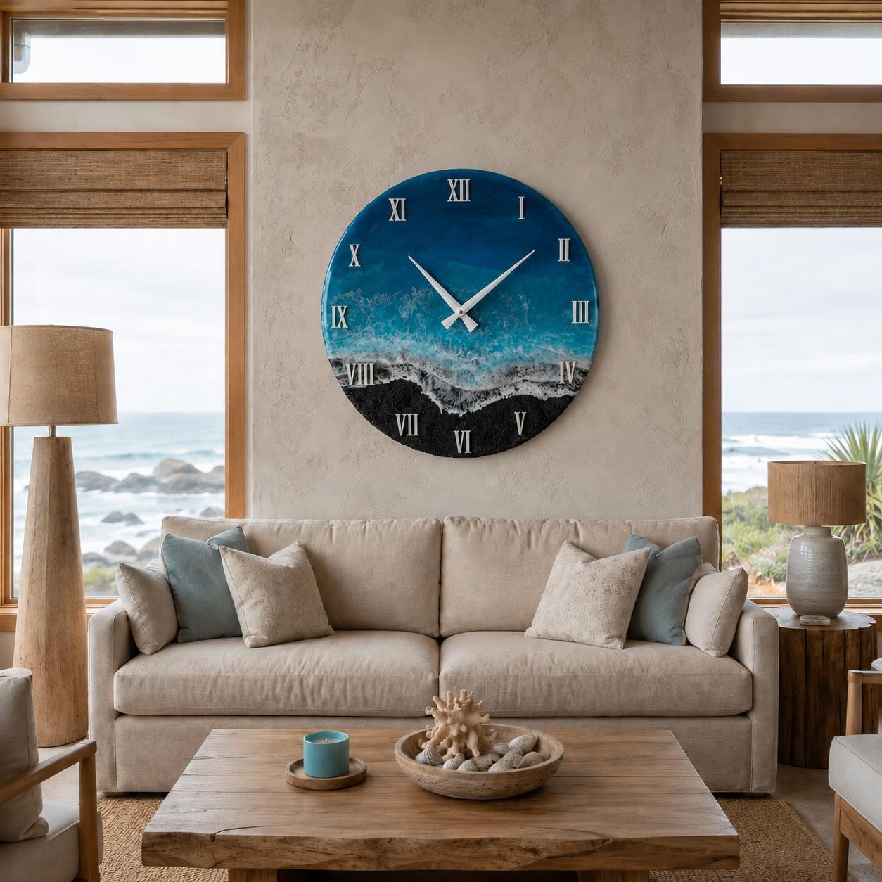 A circular wall clock featuring a glossy resin finish that depicts an ocean scene with blue water, white sea foam, and a black sandy beach. The clock face includes white Roman numerals and two thin white clock hands.