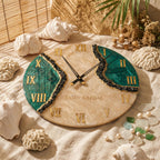 A round wall clock with a beige marbled resin base, featuring two deep green resin sections separated by black crushed stone accents. It has gold Roman numerals, black clock hands, and the text YASIN KAZDAL printed in gold.