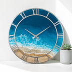 Personalized Ocean Resin Wall Clock, Custom Name Beach Clock, Coastal Wall Decor, Epoxy Sea Clock, Silver Roman Numeral Wall Clock