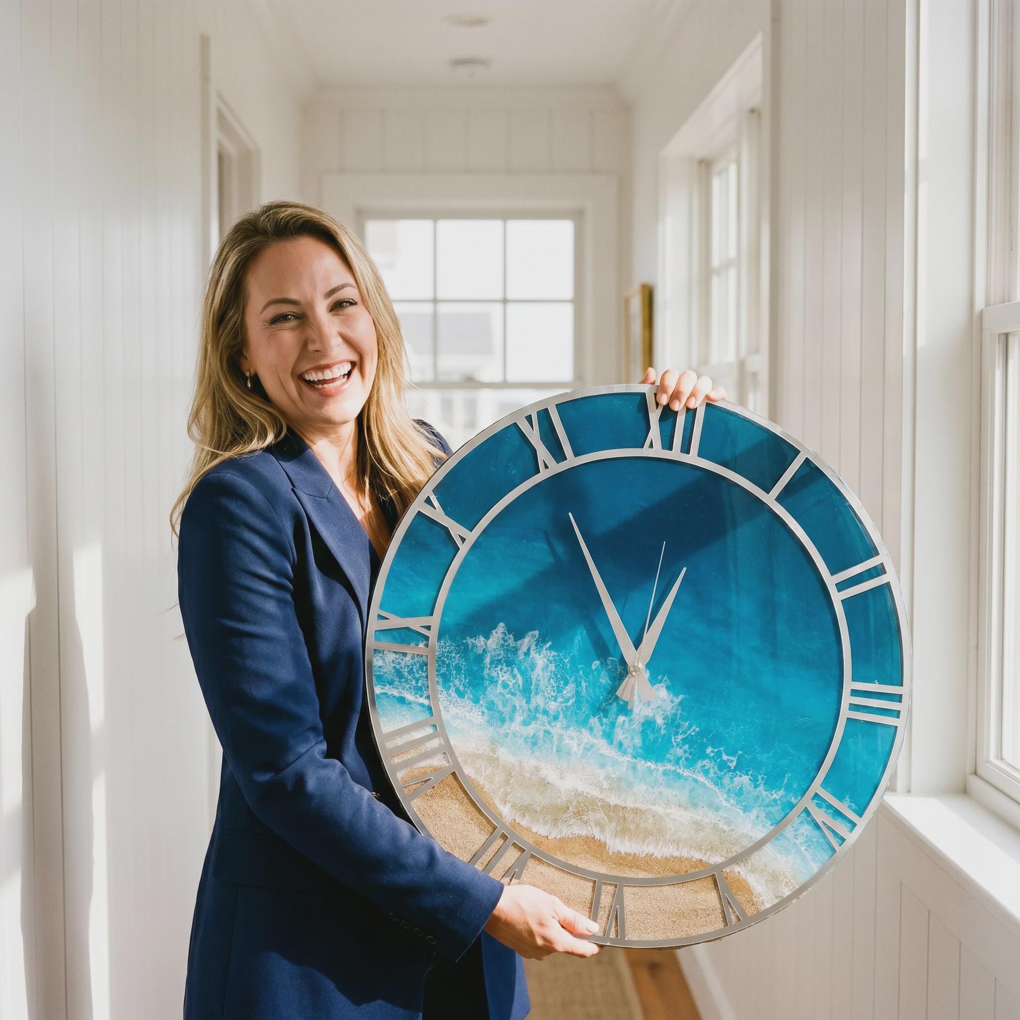 A large circular wall clock featuring a vibrant ocean wave design with turquoise water, white sea foam, and a sandy beach shore. The clock has a silver-toned metal frame with classic Roman numerals and two thin silver clock hands.