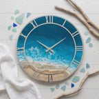 Personalized Ocean Resin Wall Clock, Custom Name Beach Clock, Coastal Wall Decor, Epoxy Sea Clock, Silver Roman Numeral Wall Clock