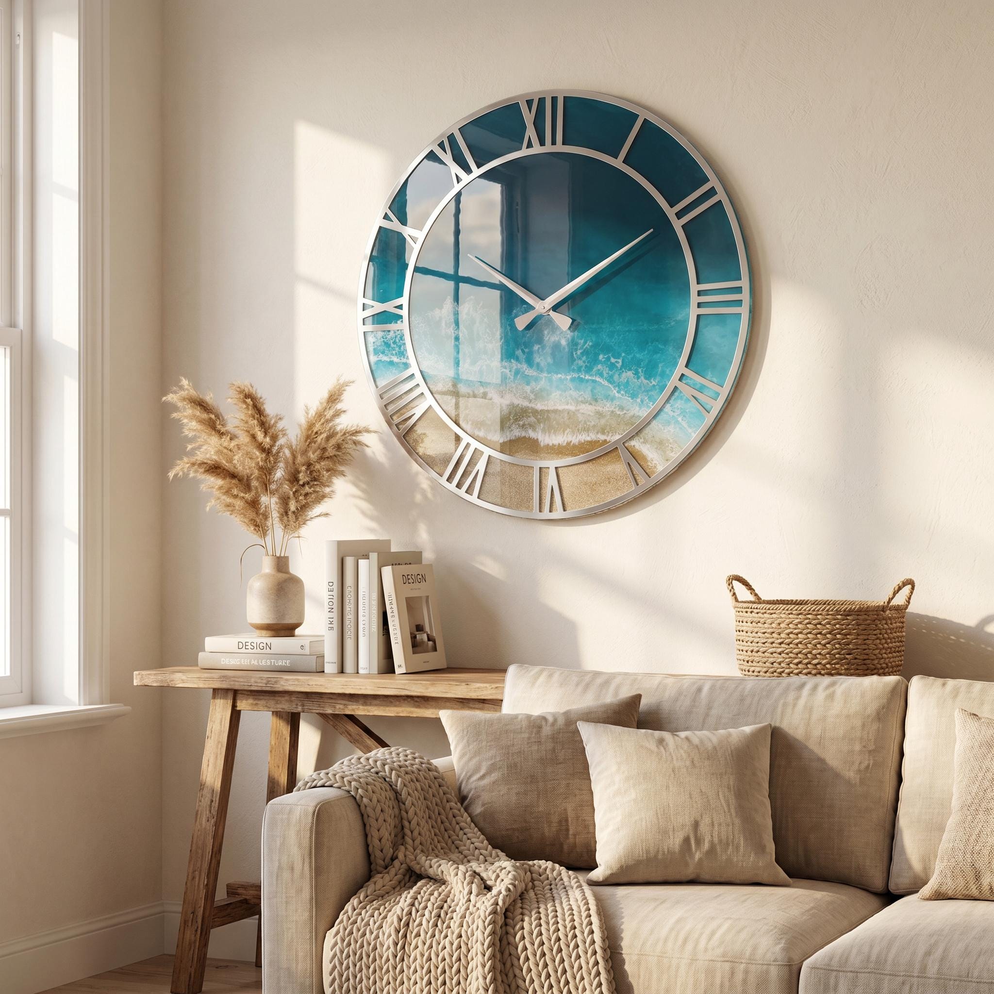 Personalized Ocean Resin Wall Clock, Custom Name Beach Clock, Coastal Wall Decor, Epoxy Sea Clock, Silver Roman Numeral Wall Clock