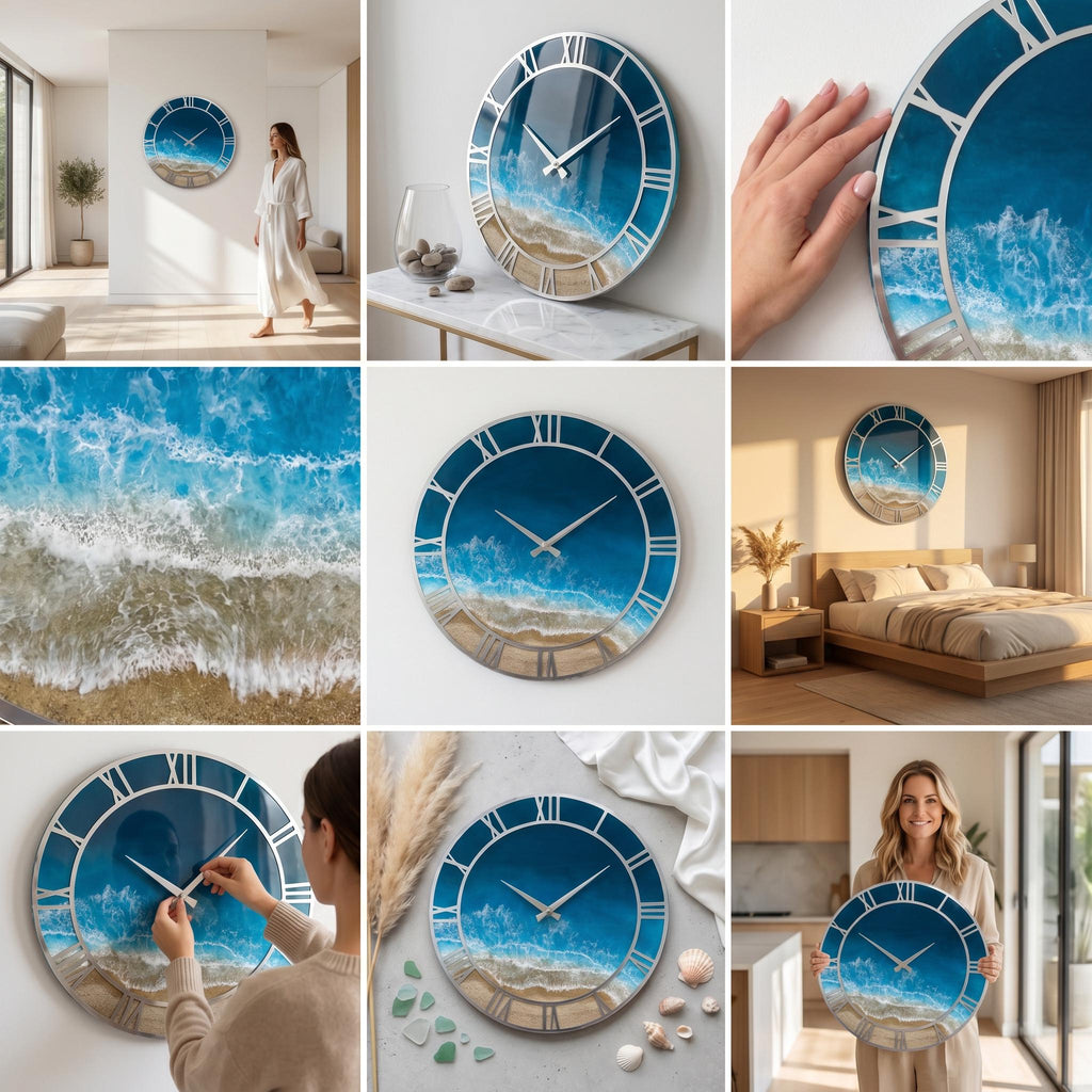 A round wall clock featuring a resin art design of a beach with blue ocean waves crashing onto a sandy shore. The clock face has silver Roman numerals and thin silver hands, creating a coastal aesthetic with a glossy finish.