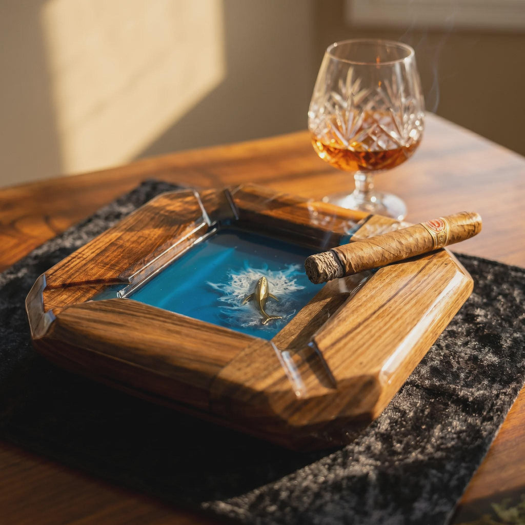 A square wooden ashtray with a central blue resin inlay featuring a small gold-colored whale figurine amidst white foam details. A brown cigar rests across the rim of the ashtray, positioned near a crystal glass filled with amber liquid.