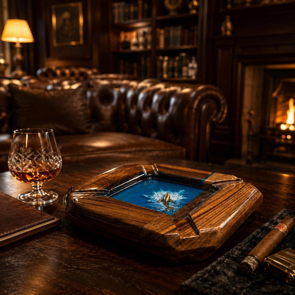 A square wooden ashtray featuring a central blue resin inlay with a small metallic fish figure creating a splash effect. The ashtray has a polished dark wood grain finish with four corner notches for resting cigars or cigarettes.