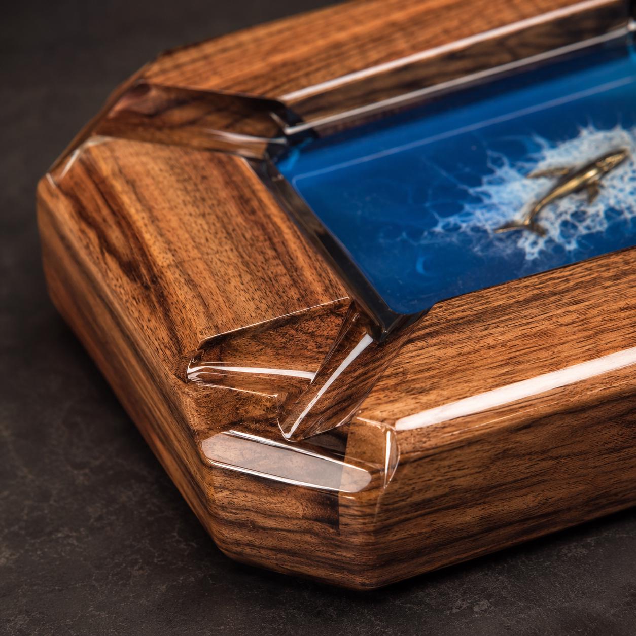 Luxury Cigar Ashtray, One of a Kind Walnut Wood & Ocean Resin Ashtray, Personalized Custom Logo, Gift for Cigar Lover