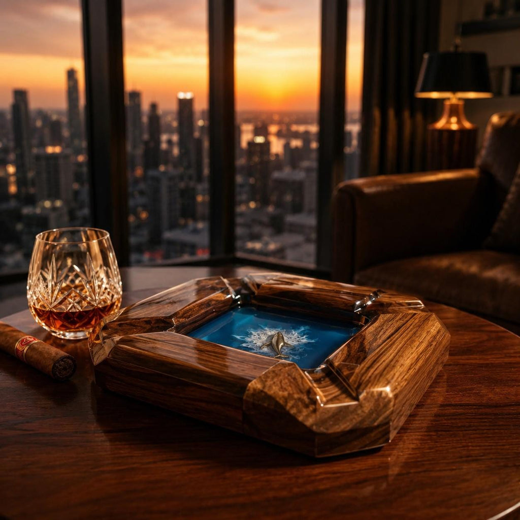 A square wooden ashtray with a polished finish and a central blue resin inlay featuring a small metallic fish sculpture. Beside the ashtray sits a crystal glass filled with amber liquid and a brown cigar on a dark wooden table.