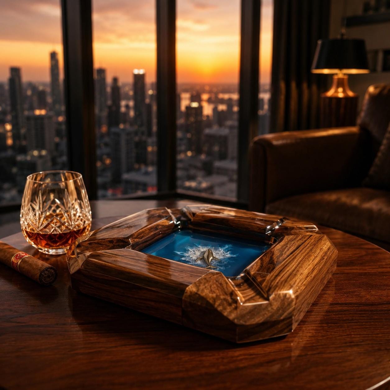 A square wooden ashtray with a polished finish and a central blue resin inlay featuring a small metallic fish sculpture. Beside the ashtray sits a crystal glass filled with amber liquid and a brown cigar on a dark wooden table.