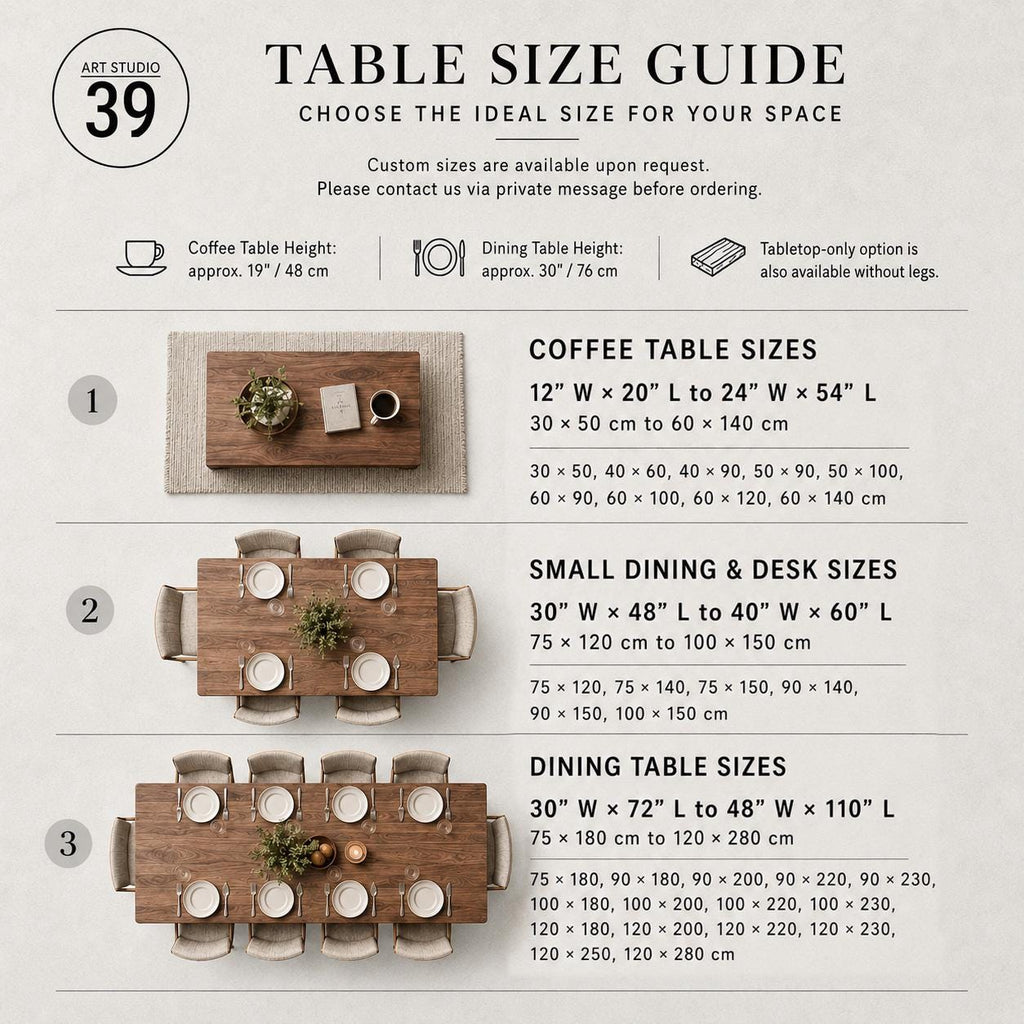 A table size guide infographic from Art Studio 39 featuring three numbered categories: coffee tables, small dining and desk tables, and dining tables. It lists dimensions in inches and centimeters for various table configurations.