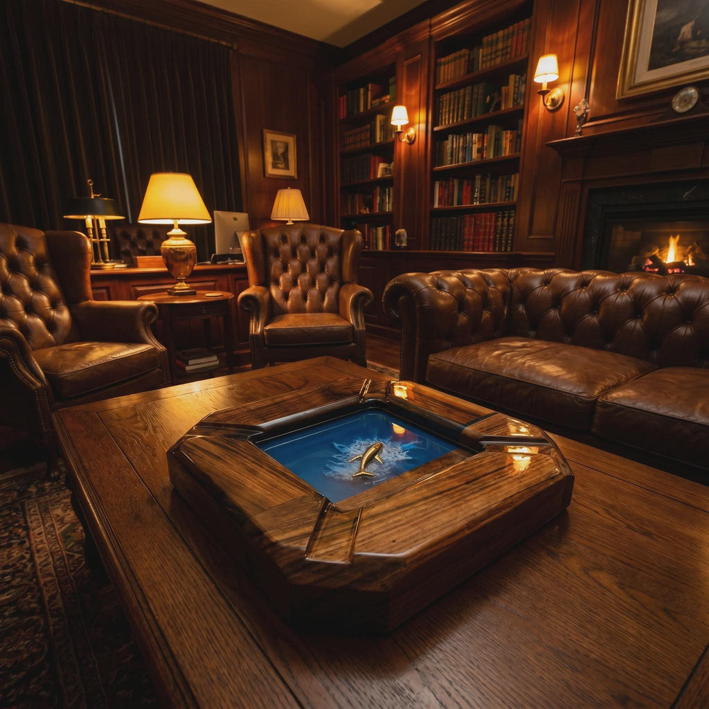 A square wooden ashtray with a polished finish featuring a central blue resin inlay containing a small gold-colored shark figure. The ashtray has four integrated cigarette rests at each corner and sits on a large wooden table.