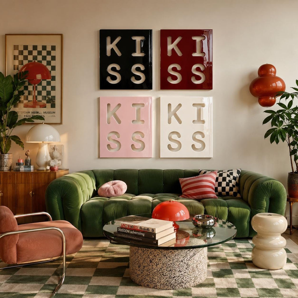 Four square wall art panels arranged in a grid, each featuring the word KISS in large cut-out letters. The top panels are black and dark red, while the bottom panels are light pink and white, all displayed above a green velvet sofa.