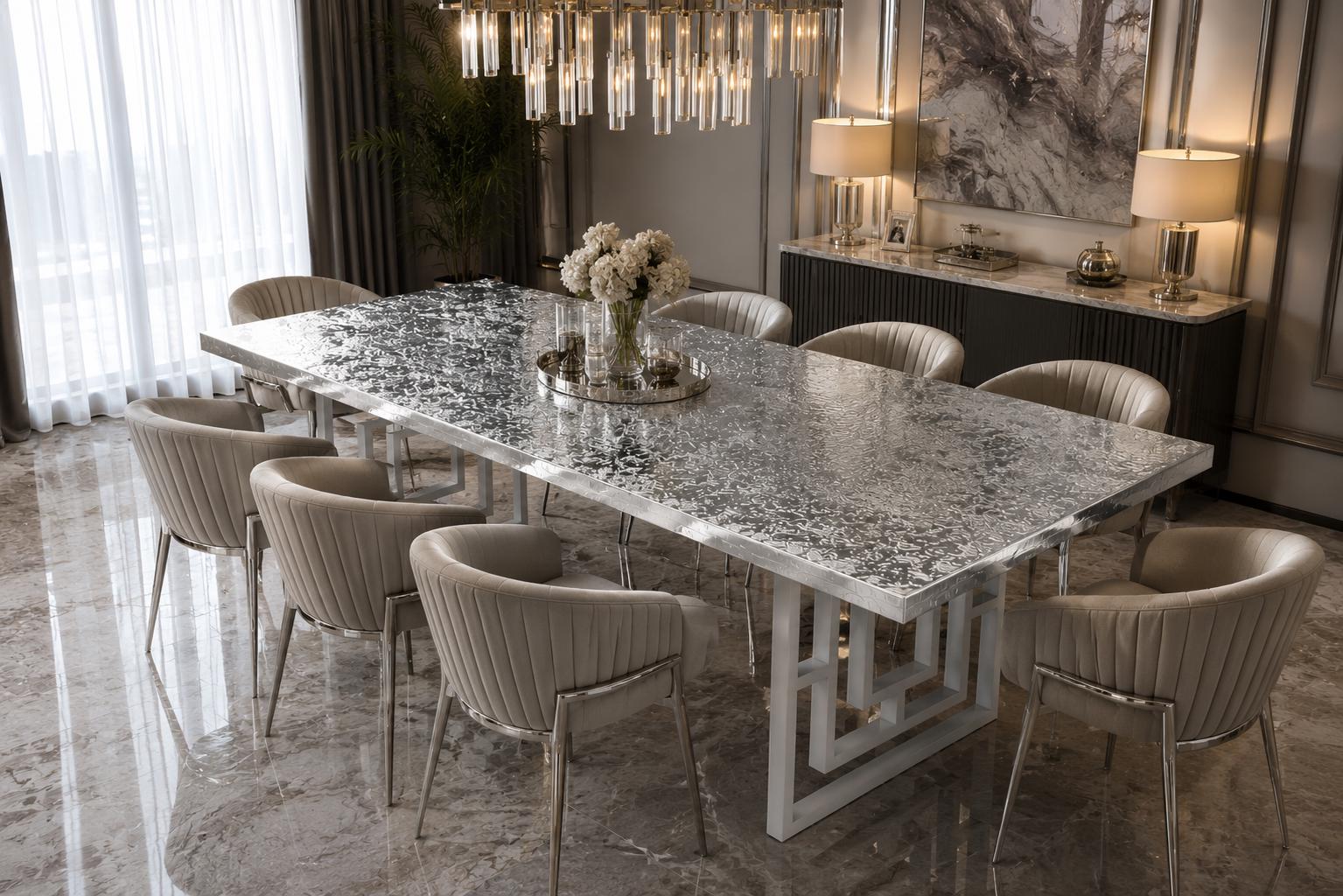 Tavolo da pranzo artigianale in resina epossidica con foglia d'argento, mobile di lusso di design, protezione superficiale di 10 anni