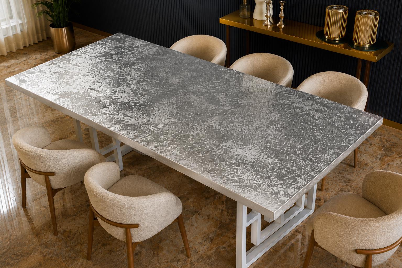 Tavolo da pranzo artigianale in resina epossidica con foglia d'argento, mobile di lusso di design, protezione superficiale di 10 anni