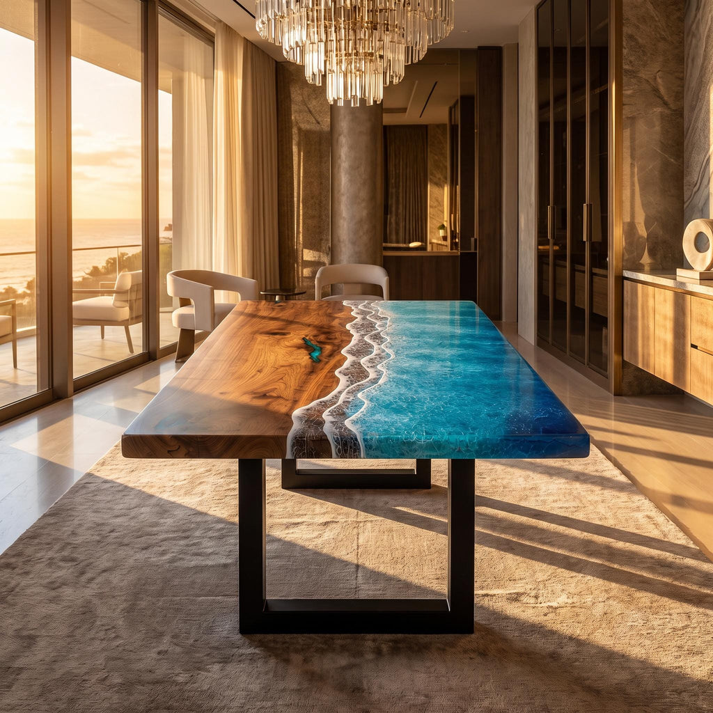 Dark Ocean Epoxy Dining Table, Walnut Resin Coffee Table, Coastal Furniture