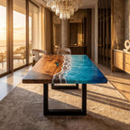 Dark Ocean Epoxy Dining Table, Walnut Resin Coffee Table, Coastal Furniture