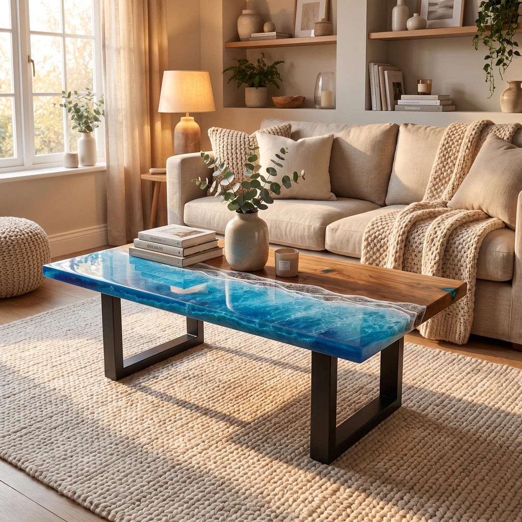 Dark Ocean Epoxy Dining Table, Walnut Resin Coffee Table, Coastal Furniture