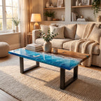Dark Ocean Epoxy Dining Table, Walnut Resin Coffee Table, Coastal Furniture