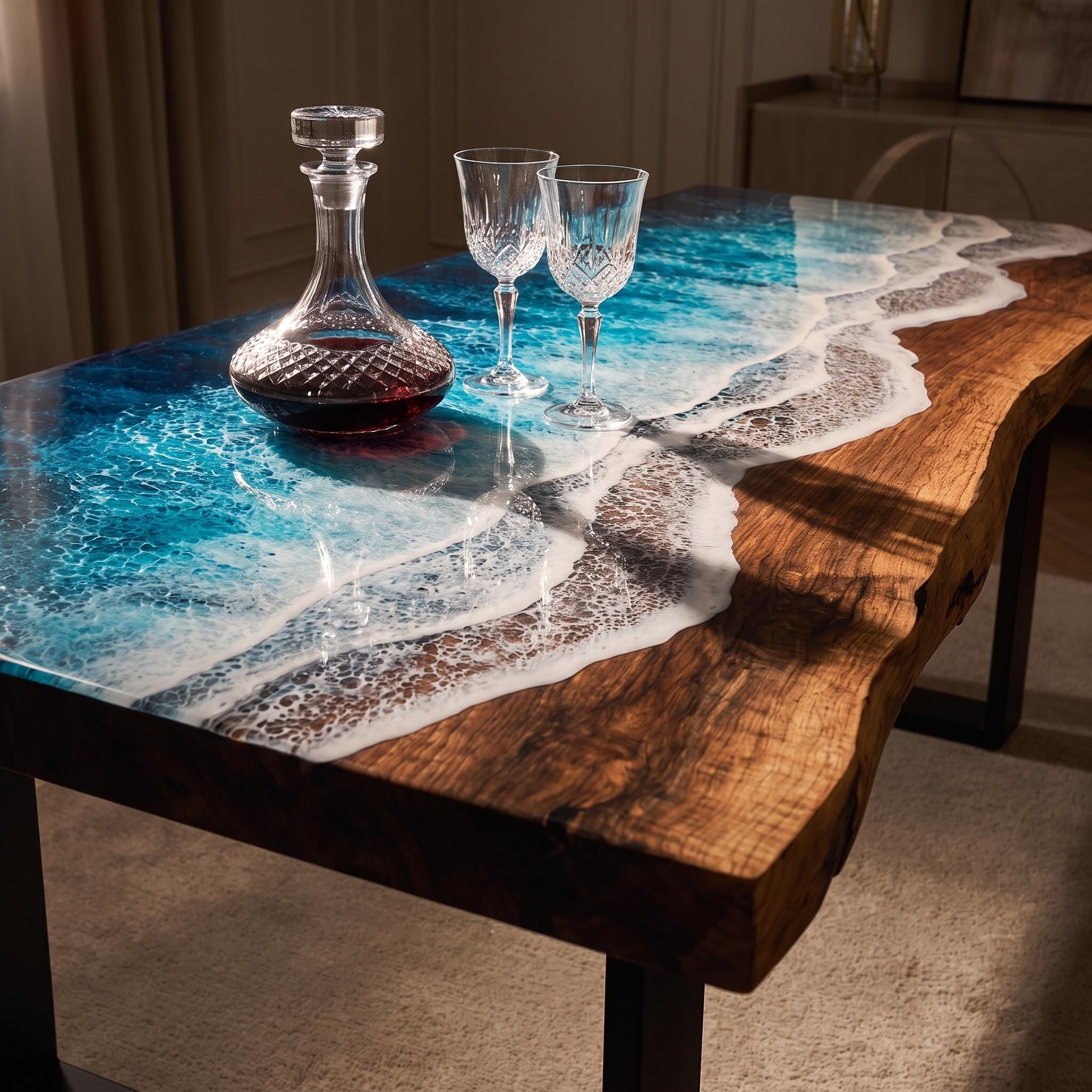 Dark Ocean Epoxy Dining Table, Walnut Resin Coffee Table, Coastal Furniture